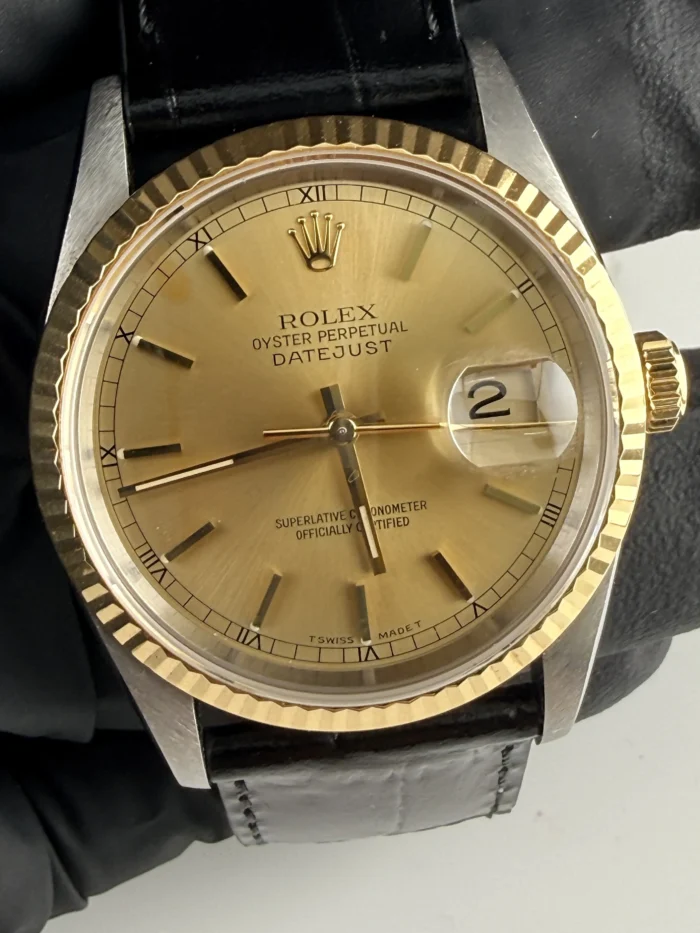 Rolex Datejust 36 Champagne Stick Dial on Generic Leather Strap Ref. 16233 - Image 1