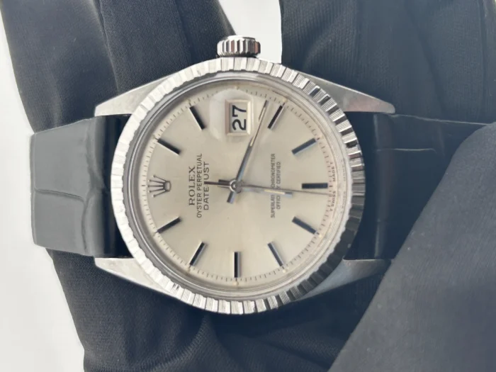 Rolex Datejust 36 Silver Index Dial on Generic Black Leather Band Ref. 1601 - Image 2