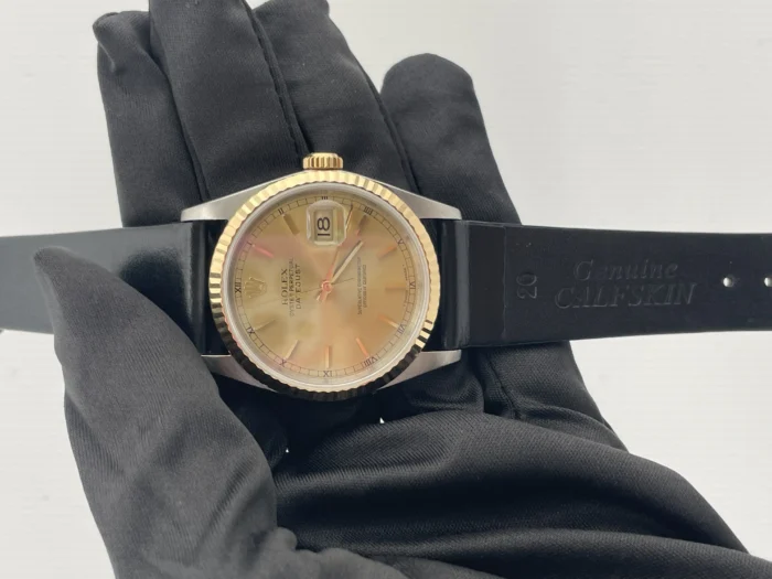 Rolex Datejust 36 Champagne stick Dial on Generic Black Leather Band Ref. 16233 - Image 2