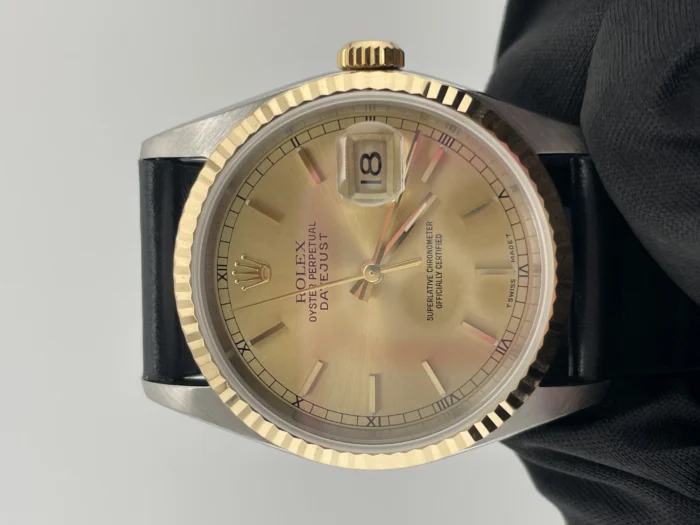 Rolex Datejust 36 Champagne stick Dial on Generic Black Leather Band Ref. 16233 - Image 3