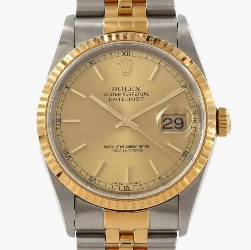 20950131_zv1y7ug3c9t01v0x3nq92lh5xjf4.webp Rolex Datejust 36 Champagne stick Dial on Generic Black Leather Band Ref. 16233 - Image 1