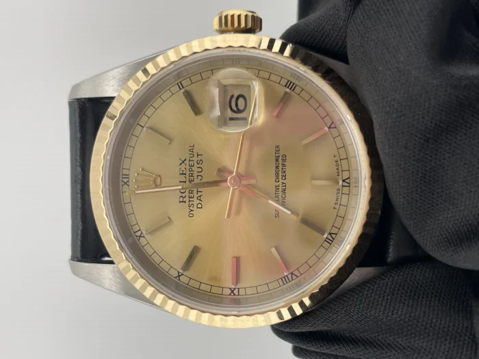 Rolex Datejust 36 Champagne stick Dial on Generic Black Leather Band Ref. 16233 - Image 3