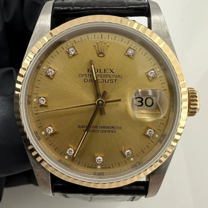 Rolex Datejust Champagne Diamond Factory Dial on Generic Black Leather Band Ref. 16233G - Image 1