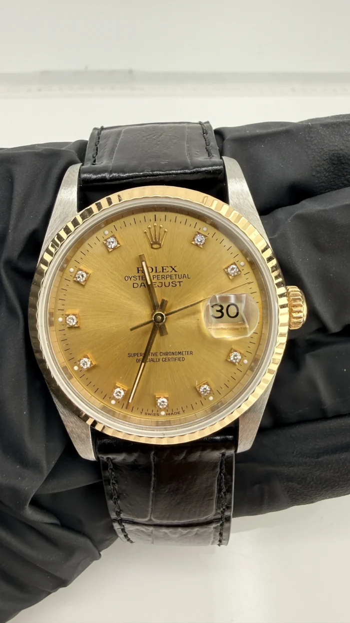 Rolex Datejust Champagne Diamond Factory Dial on Generic Black Leather Band Ref. 16233G - Image 2
