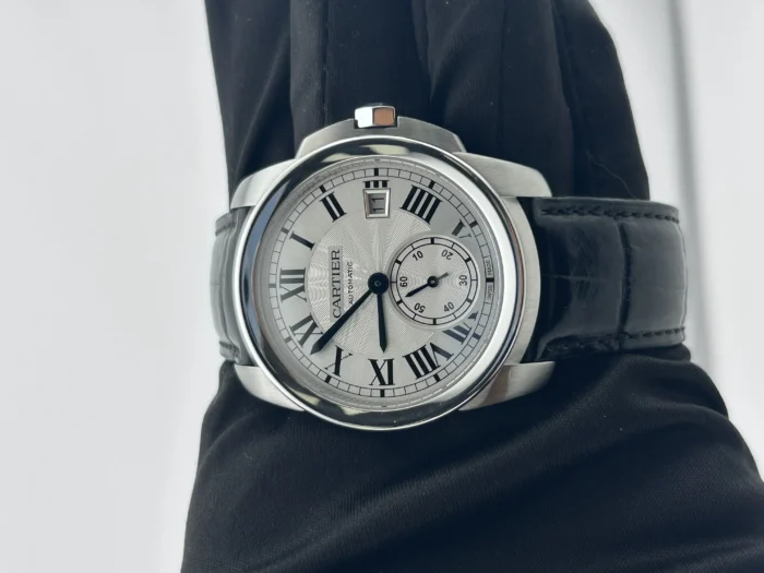 Cartier Calibre De Cartier Silver Roman Numerals Dial on Black Leather Strap Ref. 35840 with Card 2017 - Image 1