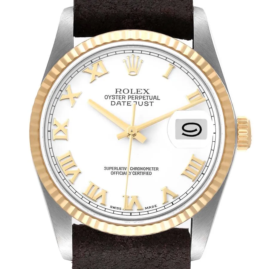 20954120_14vfd4jbdn99j5vb8yveyaa7gds7.webp Rolex Datejust White Roman Dial on Generic Leather Band Ref. 16233 - Image 1