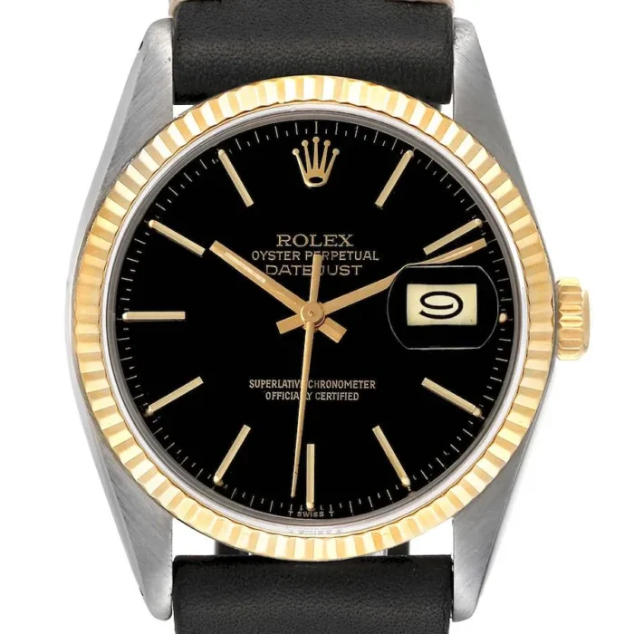 20954122_et7cyx57x9ey92tgyyc915xfyt7q.webp Rolex Datejust Black Stick Dial on Generic Leather Band Ref. 16233 - Image 1