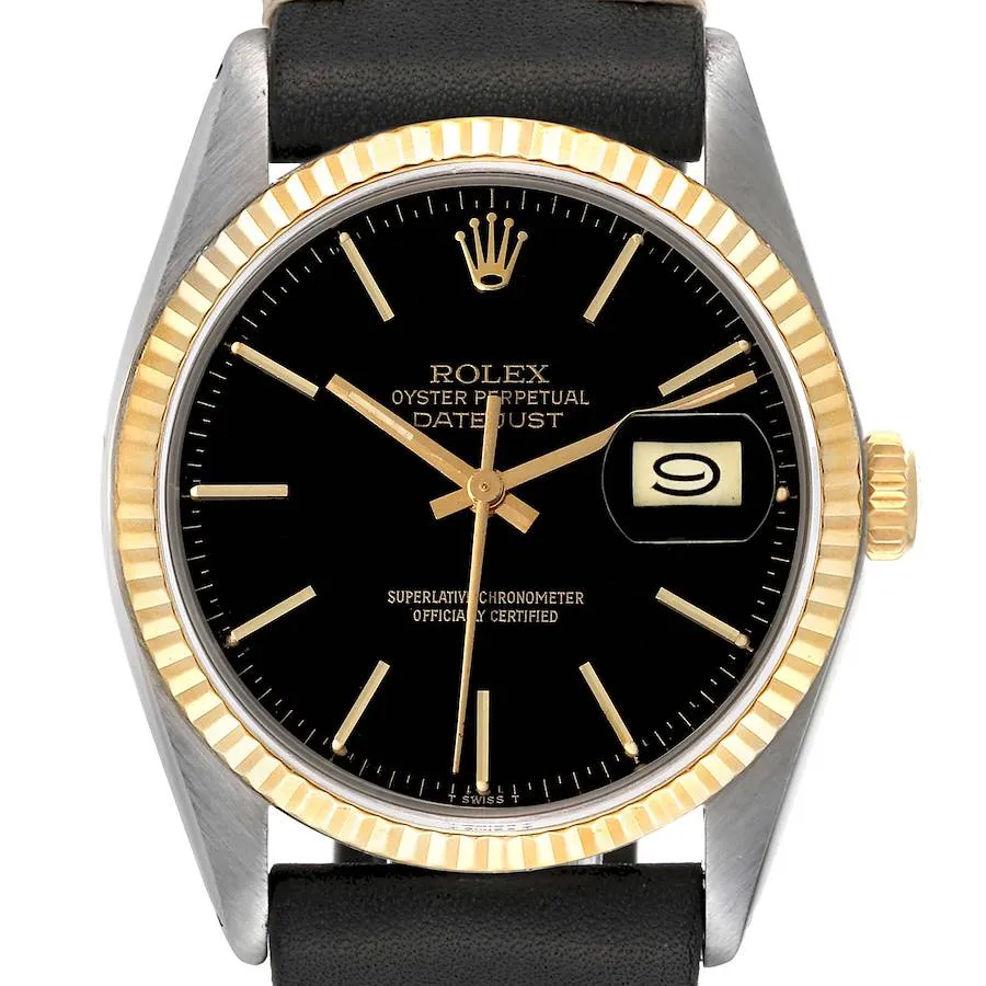 20954122_et7cyx57x9ey92tgyyc915xfyt7q.webp Rolex Datejust Black Stick Dial on Generic Leather Band Ref. 16233 - Image 1