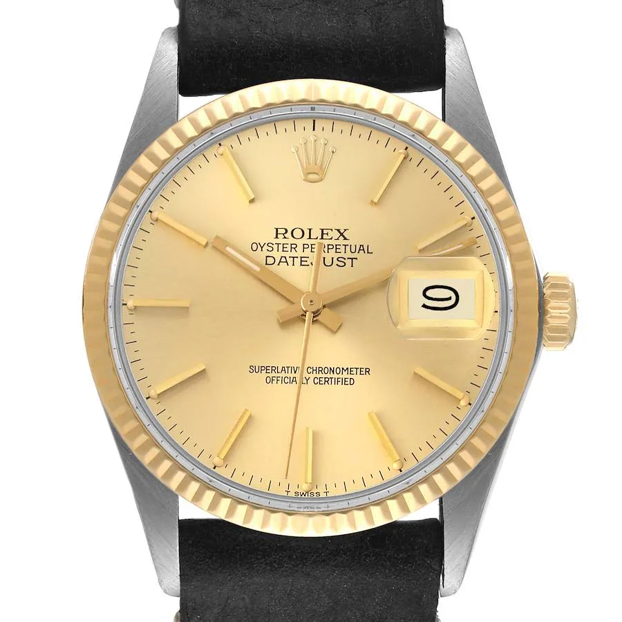 20954123_apgp5o1od16sma7gll39qj0s9x89.webp Rolex Datejust Champagne stick Dial on Generic Leather Band Ref. 16233 - Image 1