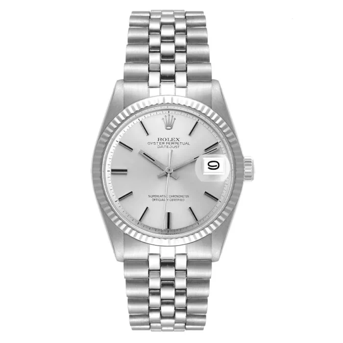 20954176_ur8q8iv1tjw3a8rge0j2n5xaysss.webp Rolex Datejust Silver Stick / Has Spots Dial on Folded Jubilee Bracelet Ref. 1601/4 - Image 1