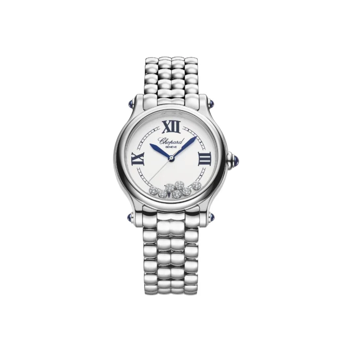 20957058_efnooi3gyke0ymyq446upzl3zzt6.webp Chopard Happy Sport The First Silver Roman / Moving Diamonds Dial on Stainless Steel Bracelet Ref. 278610-3001 with Manuals Only - Image 1